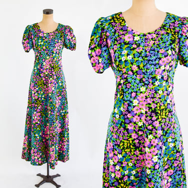 1970s Floral Maxi Dress | 70s Tiny Flowers Maxi Dress | Blue Green Pink Flowers Dress | Medium 