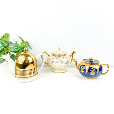 Vintage Teapots, Your Choice Sold Individually: Hall Art Deco Copper Insulated Kettle, Geo Bowman Eggshell Nautilus, Gibsons Gold & Blue 