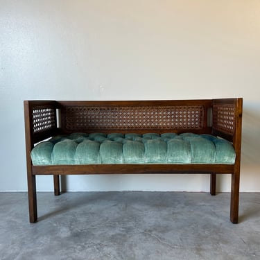 70's Mid-Century Cane Back & Sides Tufted Settee Bench 
