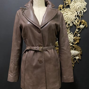 1990s brown leather jacket, vintage 90s coat, jones of New York, size medium, belted coat, supple, 36 38, cross stitch, exaggerated collar 