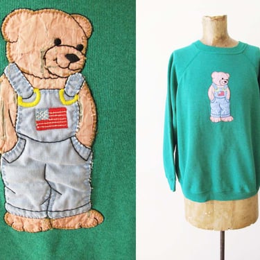 Vintage 80s Green Raglan Sweatshirt Bear in Overalls Patch S  - 1980s Crewneck Pullover Athletic Sweater Solid Color - Kawaii Cute 