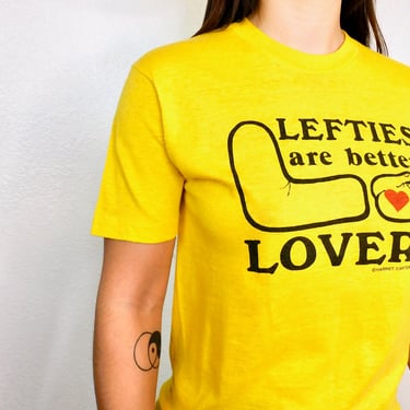 Lefties Make Better Lovers Shirt // vintage 80s cotton boho tee t-shirt t top blouse thin hippy USA tee yellow leftie lefty left handed S/M 