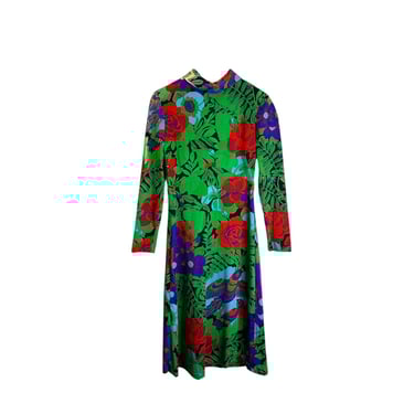 Vintage 60s 70s Saks Fifth Young Dimensions Retro GoGo Vibrant Green Red Bird Floral Dress Size 6 