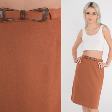Brown Wool Skirt 70s Mini Pencil Skirt High Waisted Belt Preppy Wiggle Retro Secretary Classic Basic Neutral Rear Slit Vintage 1970s Small 4 