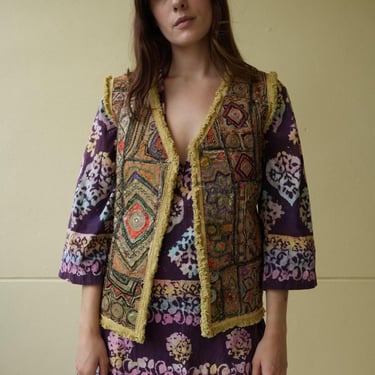 60's Embroidered Vest / Haute Hippie Waist Coat with Golden Yellow Fringe / Bohemian Velvet Vest / Stagewear 