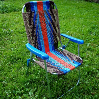 Handmade macrame lawn chair in bright, bold colors blue, orange, unique outdoor furniture for camping, glamping, or van life forest fathers 