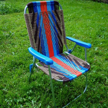 Handmade macrame lawn chair in bright bold colors blue orange