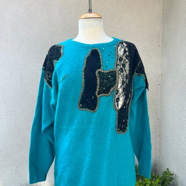 Vintage wounded bird lambswool pullover sweater teal with leather accents sz medium 