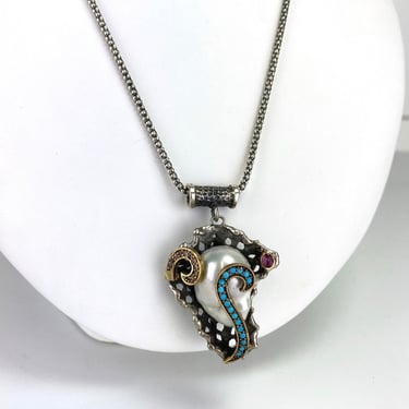 Artisan Freeform Brutalist Pearl Turquoise Pendant Necklace 20