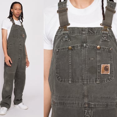 90s Carhartt Olive Green Overalls - Men's Large | Vintage Cotton Duck Canvas Overall Pants Workwear Jumpsuit 