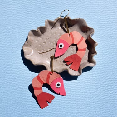 Smiling Shrimp Earrings - Reclaimed Leather Cute Earrings 