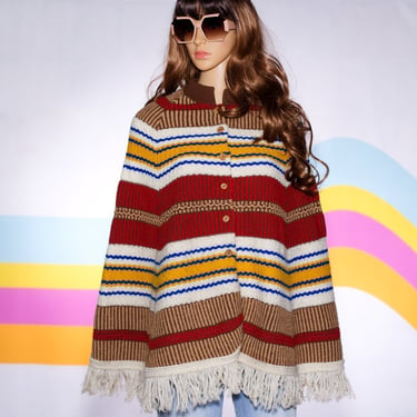 Vintage 1970s Fringed Sweater Poncho | Medium | 10 