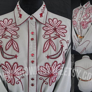 Gordon & James Vintage Retro Western Women's Cowgirl Shirt, Blouse, Embroidered Red and White Flowers, Tag Size Medium (see meas. photo) 