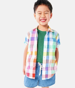 Short Sleeve Button Down in Rainbow Gingham White Rainbow Check