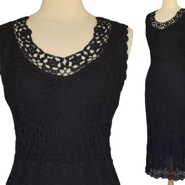 Vintage 90s Crocheted Knit Dress, Black Maxi Dress, Kroshetta by Papillon, Size M Medium 