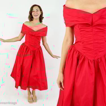 1980s Red Party Dress | 80s Red Taffeta Formal | Gunne Sax | Small 