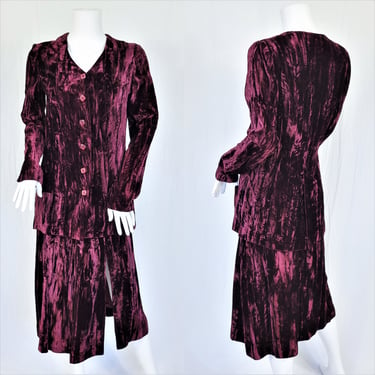 1980's Aubergine Crushed Velvet 2 Pc Skirt Blazer Suit Set I Sz Med 