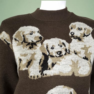 1980s/90s wool puppy sweater labrador retriever graphics vintage Japanese label long jumper padded shoulders bird's eye jaquard intarsia(OS) 