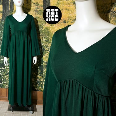 Slinky Sexy Vintage 70s Dark Green Bell Sleeve Babydoll Maxi Dress 