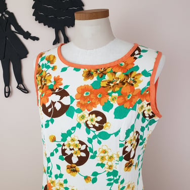 Vintage 1960's Shift Dress / 60s Orange Floral Dress M 