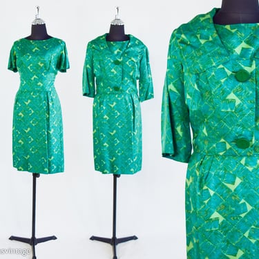 1950s Green Print Dress & Jacket Set 