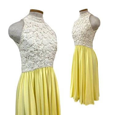 Vtg 60s 1960s Victorian Royal Buttercup Yellow Floral Appliqué Mod Party Dress 