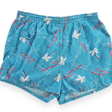 palm tree shorts / vintage swim shorts / 1950s Pilgrim blue palm tree Hawaii tiki cotton swim shorts Large 