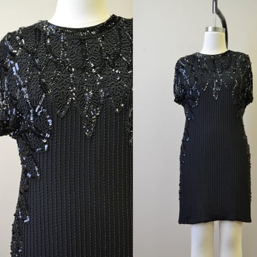 1980s Oleg Cassini Beaded Cocktail Dress 