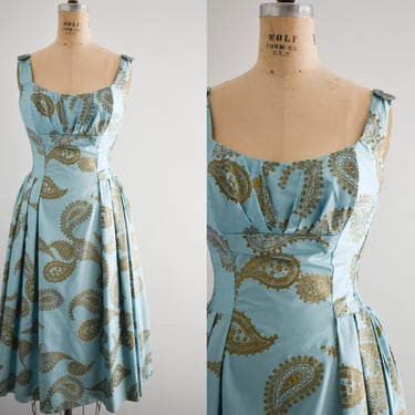 1950s Alfred Shaheen Blue and Gold Paisley Dress 