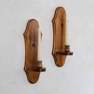 15" Tall Pair of Simple Wood Candle Sconces, Set of Two Vintage Wooden Candlestick Wall Sconces, Countrycore Decor 