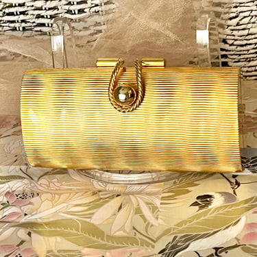 Shiny Gold Metal Box Purse, Cocktail Clutch Bag, Cross Body Chain Strap, Sun Ray Design, Vintage 80s 