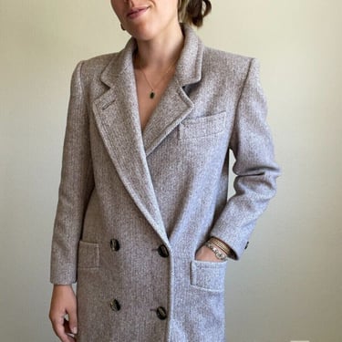 Vintage 80s Womens Fashions by Jill Brown Herringbone Tweed Wool Trench Coat M 