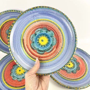 4 Mid Century Italian Modern Desimone Hand Painted Pottery Flower Plates 8.5”