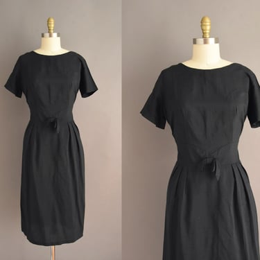 1950s dress | Black Cotton Short Sleeve Pencil Skirt Day Dress | Large | 50s vintage dress 
