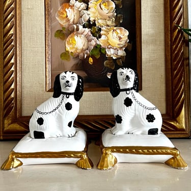 Pair Staffordshire Style Dog Figurines | Black and White Dog Statues | Dogs on Pillow | Ceramic Dogs | Staffie Dogs 