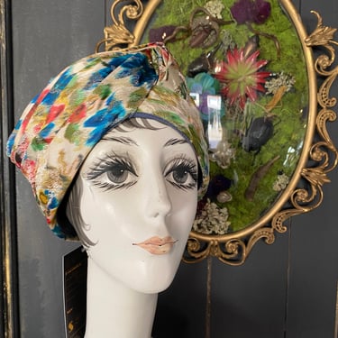 1960s turban, vintage hat, mid century accessories, watercolor floral, satin brocade, metallic gold, mrs maisel style, 1950s hat, rockabilly 