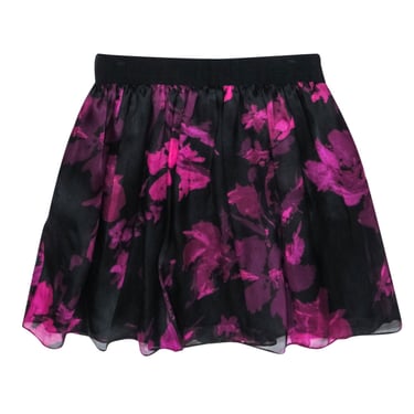 Milly - Black & Pink Floral Silk A-line Skirt Sz 10