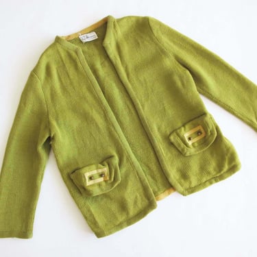 Vintage 60s Womens Lime Green Cardigan M - 1960s Knit Open Front Buttonless Sweater - Mid Century Retro Cardigan - Wool Blend 
