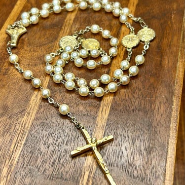 Vintage Rosary Imitation Pearl Our Lady  Snow Miraculous Religious Jewelry 