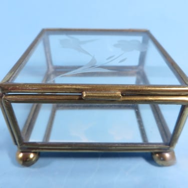 Vintage Glass Brass Box Etched Flower Lid 