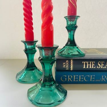 Vintage Teal Green Glass Candle Holder Set of 3 / Glass taper candle holder/ Teal green candlestick holder / Vintage Indiana Glass / 