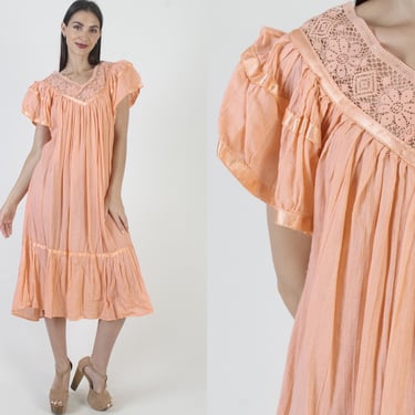 Peach Gauze Dress, Lightweight Thin Sundress, Sheer Beach Cover Up, Vintage Cotton Mexican Maxi 