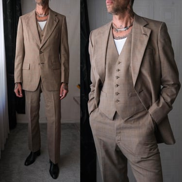 Vintage 70s CHRISTIAN DIOR Paris Light Brown Shadow Plaid Three Piece Wide Lapel Flare Leg Suit | Made in USA | 1970s Dior Designer Suit 