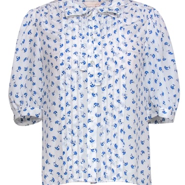 Rebecca Taylor - White & Blue Floral Print Puff Sleeve Silk Blouse Sz S