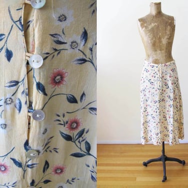 Vintage 90s Grunge Floral Button Front Knee Skirt S M - 1990s Cream Yellow Pink Rayon Flower Print Romantic Skirt 