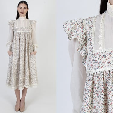 Cream Calico Gunne Sax Dress, 70s Country Folk Midi, Jessica McClintock Prom, Hip Pockets 