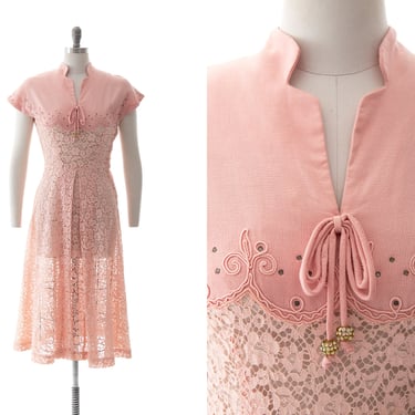 Vintage 1950s Dress | 50s Rhinestone Soutache Linen Lace Light Pink See Through Fit and Flare Summer Tea Dress (small) 