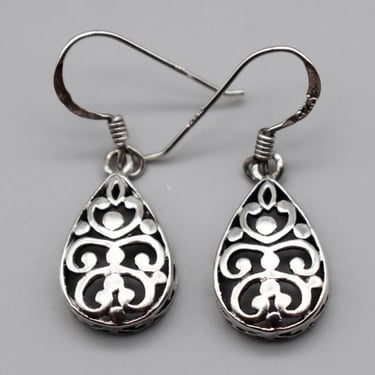 Ornate 90's 925 silver CW Byzantine teardrop dangles, dainty Charles Winston open work sterling boho earrings 
