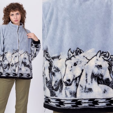 90s Fleece Horse Jacket - Men's Medium | Vintage Soft Blue Oversize Zip Up Sweatshirt 