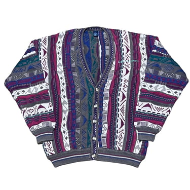 Vintage 90's Coogi Style Cardigan Sweater for men | 3D Colored | Cable Knit Sweater | Textured Stripe Pattern | Cosby Biggie Streetwear 